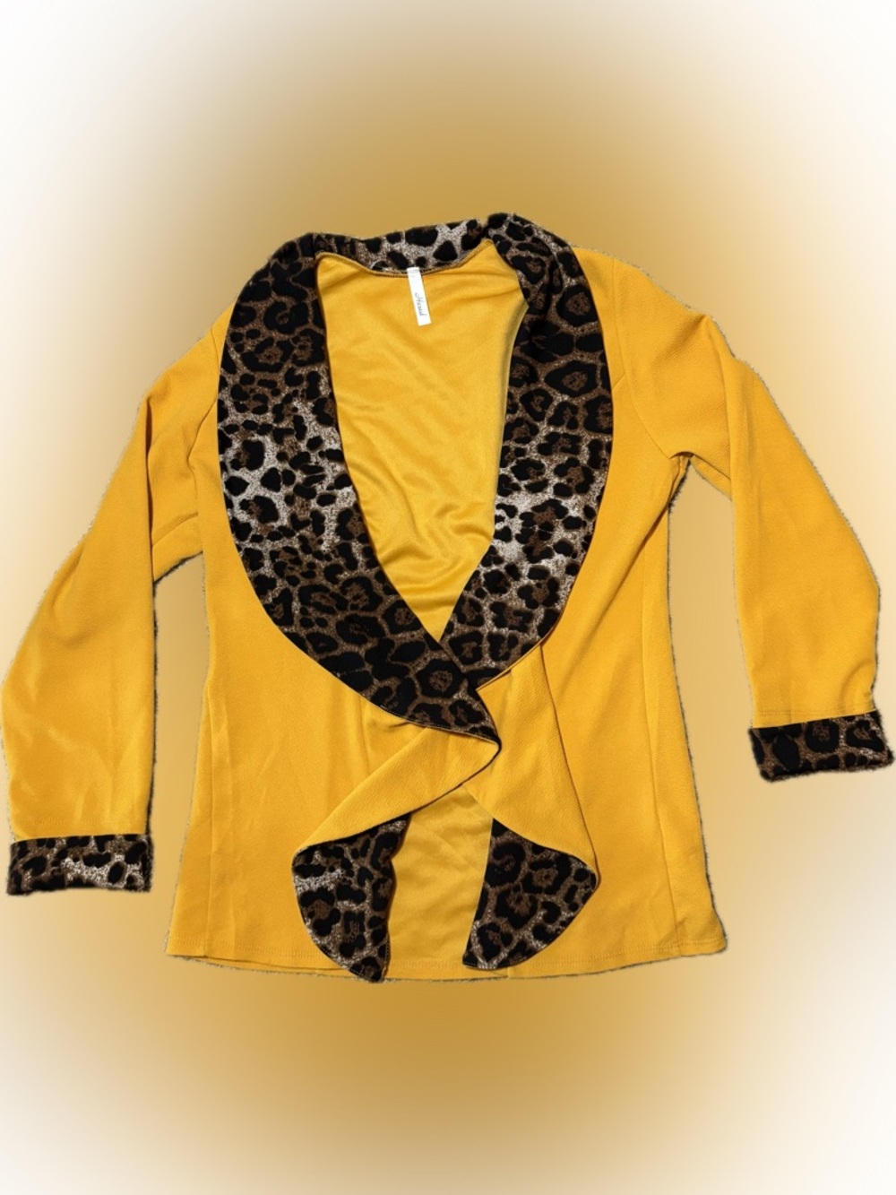 220. Hesed Mustard Yellow Cardigan Blazer with Leopard Trim, Size S